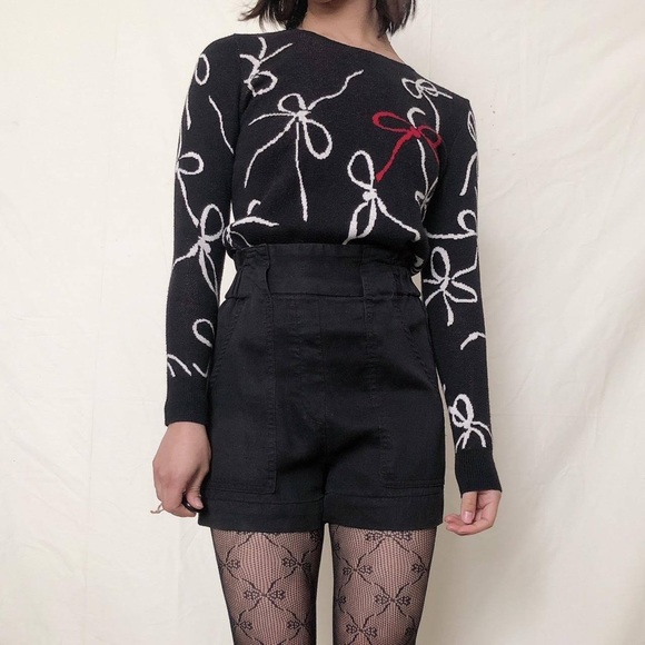 Ann Taylor pullover sweater black white red ribbon bows cotton women’s XSP - Picture 10 of 10